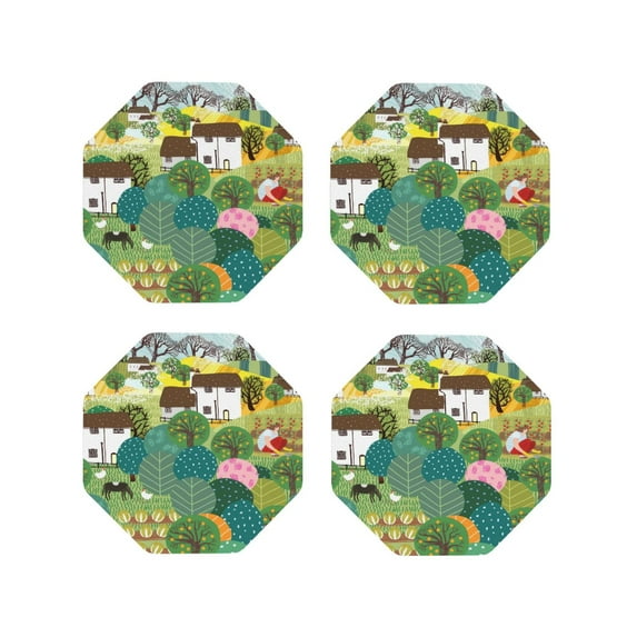 Pofeuu Garden Farm Print Coasters for Drinks, 4Pack PU Leather Coasters, Bar Drink Coasters for Tabletop Protection, Furniture from Damage-Octagon