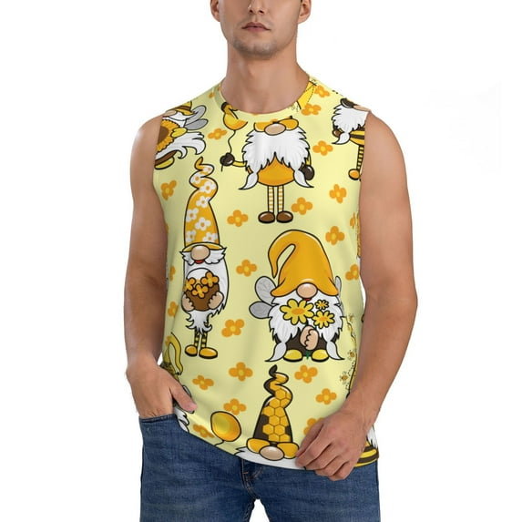 Pofeuu Garden Honeybee Gnomes Print Men's Muscle T-Shirt, Sleeveless, Muscle Tank, Classic Muscle Tee Top For Men Casual Sleeveless Muscle T-Shirt Trendy Clothes-Large
