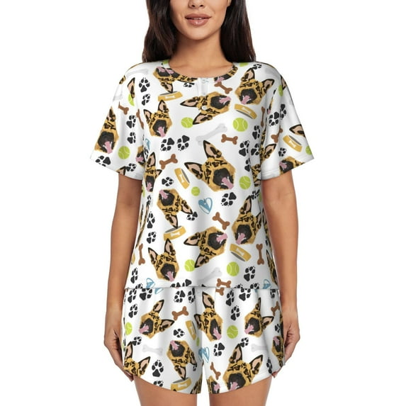 Pofeuu German Shepherd Dog Print Women's Pajama Set Short/Shorts Soft Button PJs Elastic Drawstring Waist Sleepwear-Small