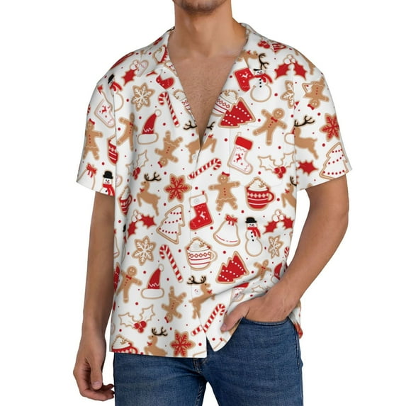 Pofeuu Gingerbread Holiday Sweets Print Mens Casual Short Sleeve Shirts Beach Summer Spread Collar Pocket Tops Men's Casual Short-sleeved Shirt-Large