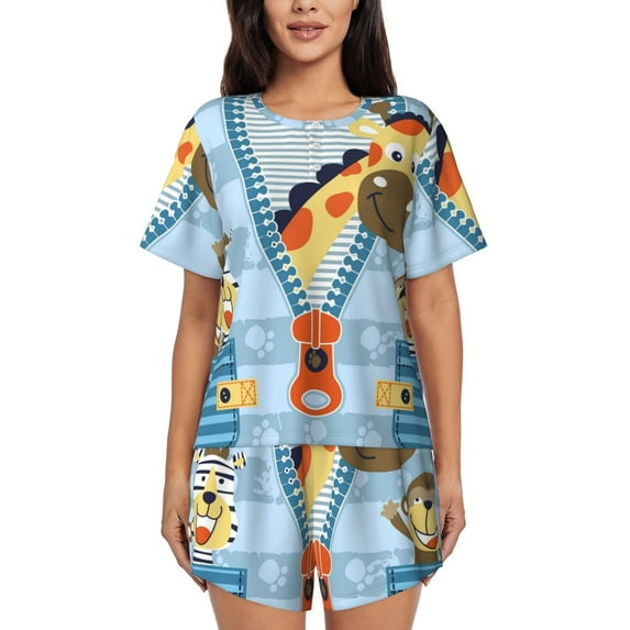 Pofeuu Giraffe Come Out From Zipper Print Women's Pajama Set Short/Shorts Soft Button PJs Elastic Drawstring Waist Sleepwear-XX-Large