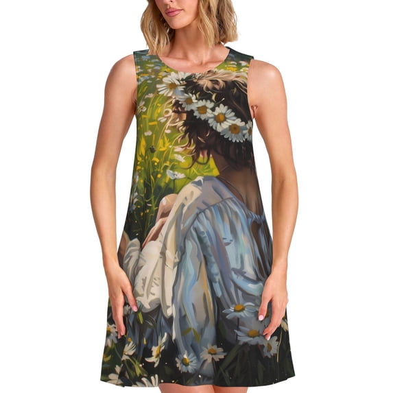 Pofeuu Girl In Field Of Daisies Print Women's Sleeveless Dress, Loose Fit Summer Dress, Casual Tank Dress for Women