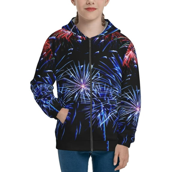 Pofeuu Glasses And Fireworks Print Teenage Zipper Hoodie Sweatshirts Hooded Casual Jackets With Pocket For Boys Girls-Small