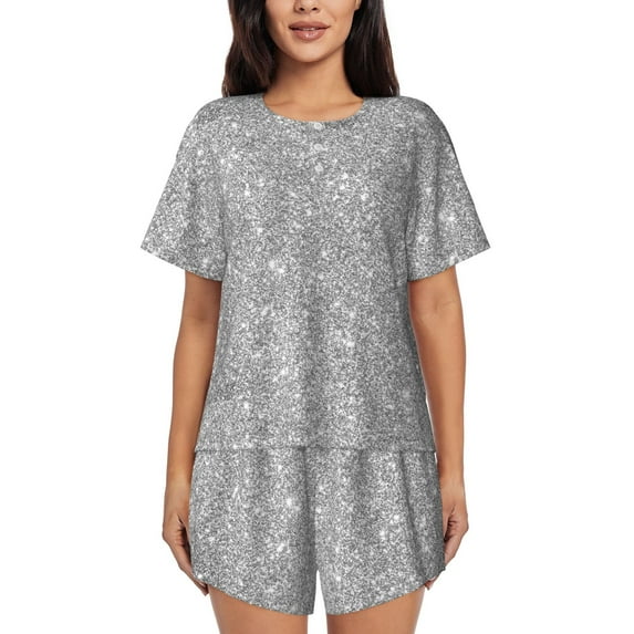 Pofeuu GlitterSilver Print Women's Pajama Set Short/Shorts Soft Button PJs Elastic Drawstring Waist Sleepwear-Large