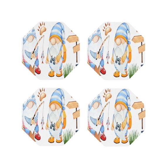 Pofeuu Gnome Camping Fishing Print Coasters for Drinks, 4Pack PU Leather Coasters, Bar Drink Coasters for Tabletop Protection, Furniture from Damage-Octagon