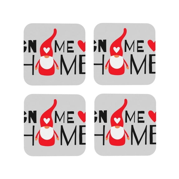 Pofeuu Gnome Home With A Cute Gnome Print Coasters for Drinks, 4Pack PU Leather Coasters, Bar Drink Coasters for Tabletop Protection, Furniture from Damage-Square