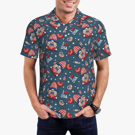 Pofeuu Gnome Love USA Print Men's Loose Fit Midweight Short-Sleeve Pocket Polo-X-Large