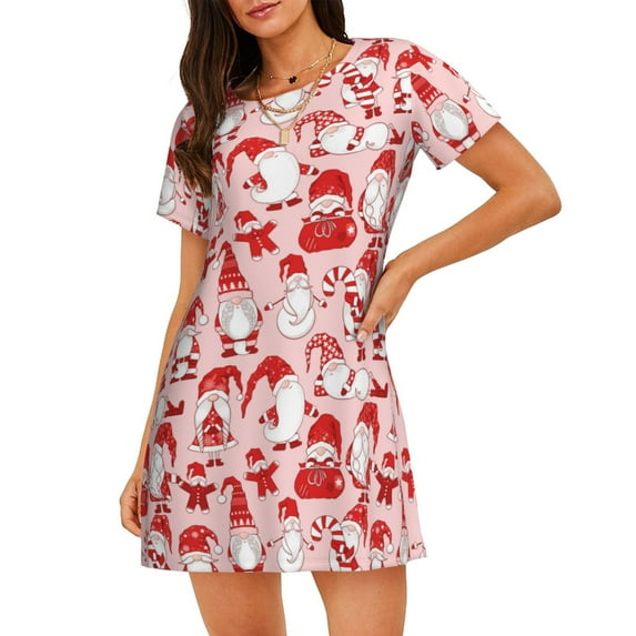 Pofeuu Gnome Merry Christmas Print Women's Loose Fit Short Sleeve Nightgown, Comfortable Sleep Dress for Women, Casual Lounge Sleepwear, Soft Cotton Sleep Dress