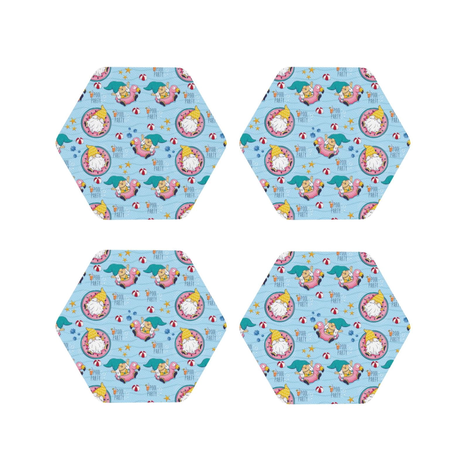 Pool Coasters Pofeuu Gnome Pool Party Print Coasters for Drinks, 4Pack PU Leather ...
