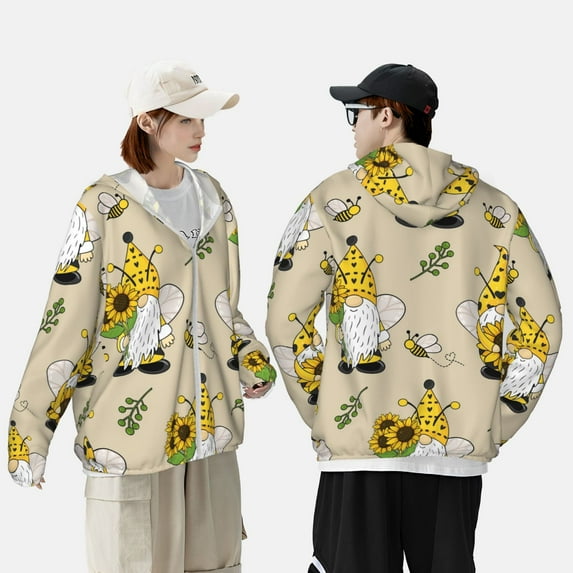 Pofeuu Gnomes Bees And Sunflowers Print Sun Protection Outdoor Lightweight Full Zip UV Cooling Hoodie Long Sleeve Summer Clothing for Outdoor Hiking-Small