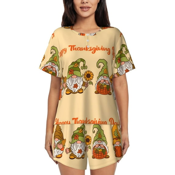 Pofeuu Gnomes Happy Thanksgiving Print Women's Pajama Set Short/Shorts Soft Button PJs Elastic Drawstring Waist Sleepwear-Large