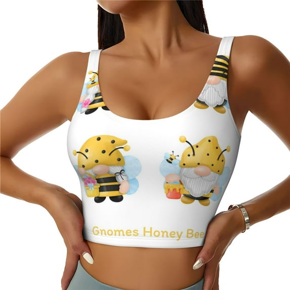 Pofeuu Gnomes Honey Bee Print Sports Bra for Women Sexy Vest Yoga Running Gym Fitness Crop Bras Tops-Small