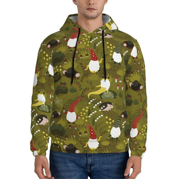 Pofeuu Gnomes Playing in the Garden Print Mens Casual Hooded Collar Drawstring Hoodies Pullover Sweatshirts Casual Long Sleeve Shirts-3X-Large