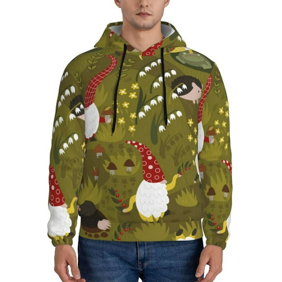 Pofeuu Gnomes Playing in the Garden Print Mens Casual Hooded Collar Drawstring Hoodies Pullover Sweatshirts Casual Long Sleeve Shirts-3X-Large