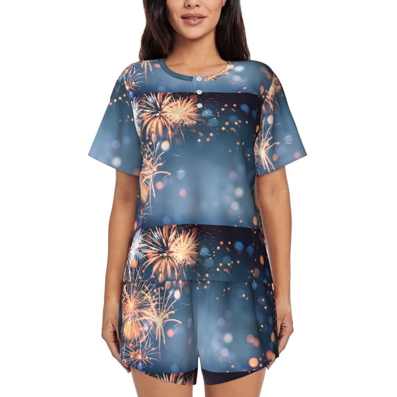 Pofeuu Gold And Blue Fireworks Print Women's Pajama Set Short/Shorts Soft Button PJs Elastic Drawstring Waist Sleepwear-Medium