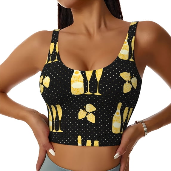 Pofeuu Gold Bottles Print Sports Bra for Women Sexy Vest Yoga Running Gym Fitness Crop Bras Tops-Medium