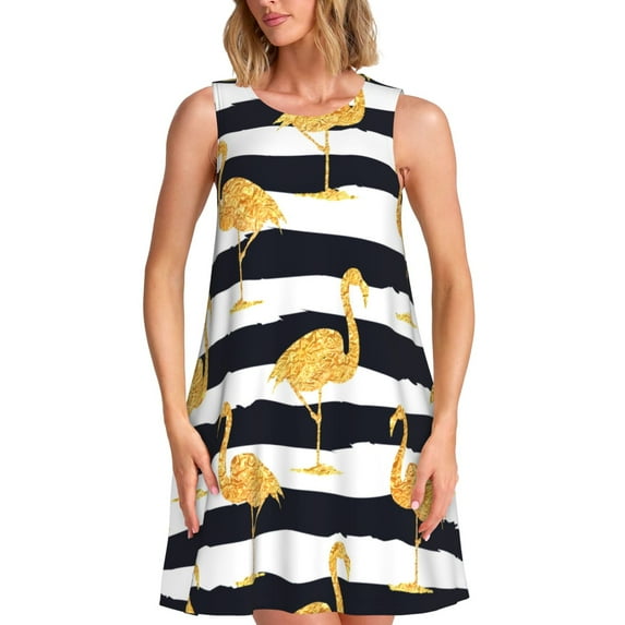 Pofeuu Gold Flamingo Print Women's Sleeveless Dress, Loose Fit Summer Dress, Casual Tank Dress for Women