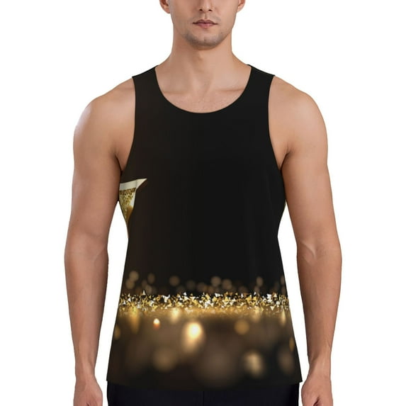 Pofeuu Gold Glittering Stars Print Men's Workout Tank Tops Sleeveless Muscle Gym Shirt Quick Dry-Large