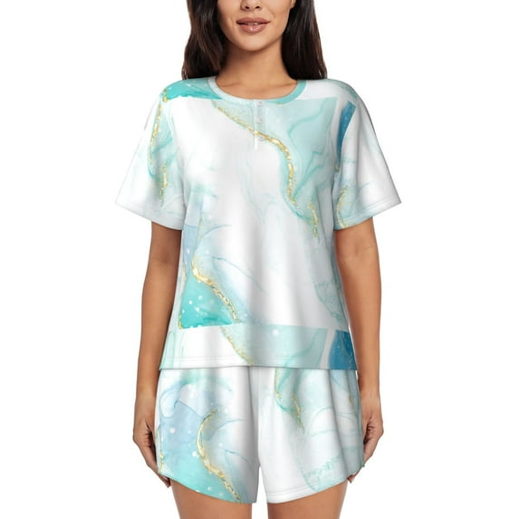 Pofeuu Gold Lines Marble Watercolor Print Women's Pajama Set Short/Shorts Soft Button PJs Elastic Drawstring Waist Sleepwear-X-Large