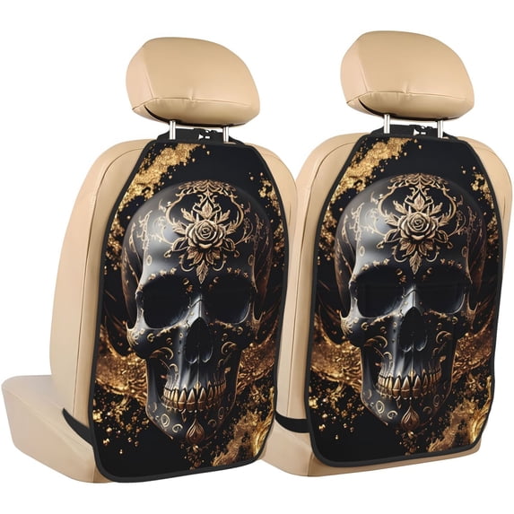 Pofeuu Gold Pattern Black Skull Print 2 Pack PU Leather Kick Mat Back Seat Protector, Universal Car Seat Back Organizer, Waterproof Backseat Protector For Most Car