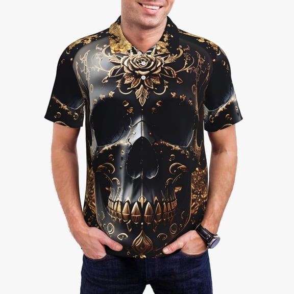 Pofeuu Gold Pattern Black Skull Print Men's Loose Fit Midweight Short-Sleeve Pocket Polo-Medium