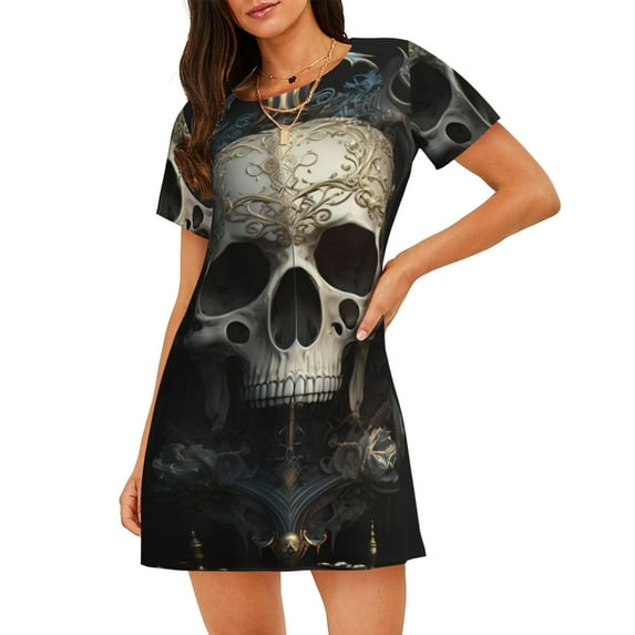 Pofeuu Gold Pattern Skull Print Women's Loose Fit Short Sleeve Nightgown, Comfortable Sleep Dress for Women, Casual Lounge Sleepwear, Soft Cotton Sleep Dress
