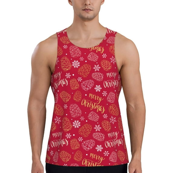 Pofeuu Gold Pinecone Merry Christmas A Print Men's Workout Tank Tops Sleeveless Muscle Gym Shirt Quick Dry-Large