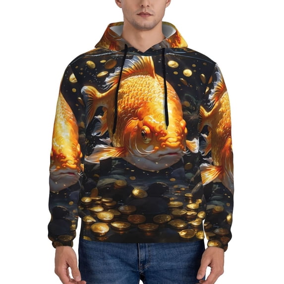 Pofeuu Golden Koi And Treasure Print Mens Casual Hooded Collar Drawstring Hoodies Pullover Sweatshirts Casual Long Sleeve Shirts-Medium