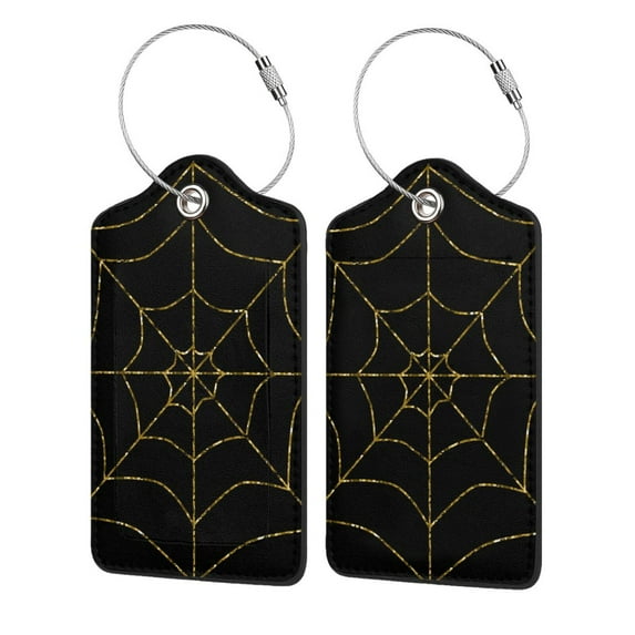 Pofeuu Golden Spider Web Print Luggage Tags, Privacy Cover ID Label with Stainless Steel Loop and Address Card for Travel Bag Suitcase-2 PCS