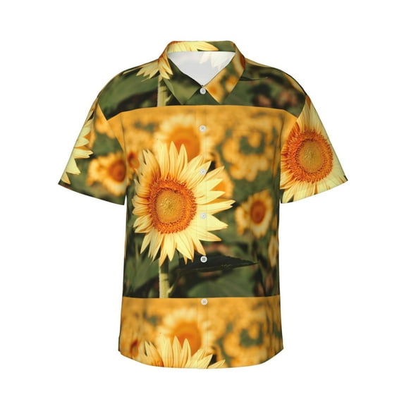 Pofeuu Golden Sunflower In Field Print Hawaiian Shirt for Men Sleeves Casual Button Down Summer Beach Dress Shirts T-Shirts,Small