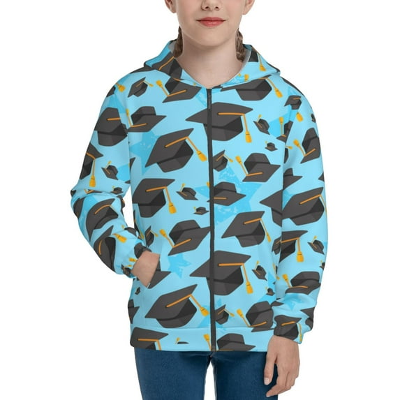 Pofeuu Graduation Hats1 Print Teenage Zipper Hoodie Sweatshirts Hooded Casual Jackets With Pocket For Boys Girls-Small