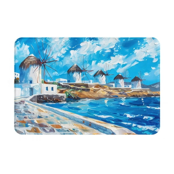 Pofeuu Greek Island Windmills Painting Print Flannel Doormats Rug16"x24"Rug Washable Doormats Indoor Outdoor Rugs for Layered Front Door Mats, Porch, Kitchen, Entryway