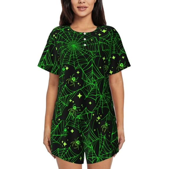 Pofeuu Green Bright Web with Spiders Print Women's Pajama Set Short/Shorts Soft Button PJs Elastic Drawstring Waist Sleepwear-X-Large