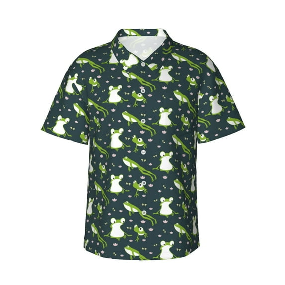 Pofeuu Green Frogs Print Hawaiian Shirt for Men Sleeves Casual Button Down Summer Beach Dress Shirts T-Shirts,Large