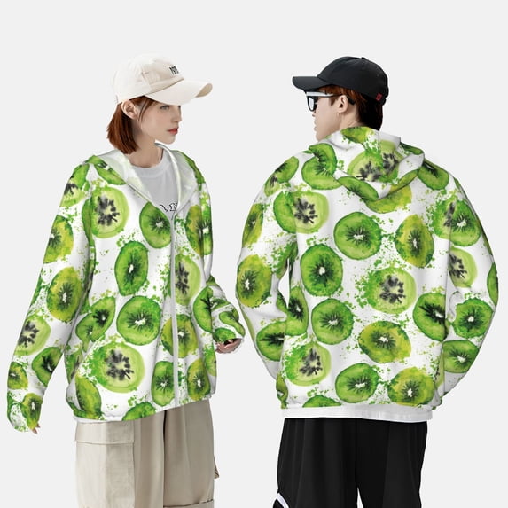 Pofeuu Green Kiwi Print Sun Protection Outdoor Lightweight Full Zip UV Cooling Hoodie Long Sleeve Summer Clothing for Outdoor Hiking-Large