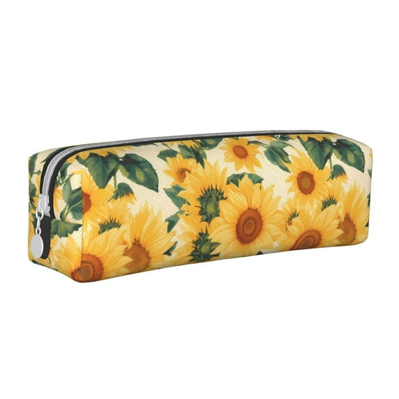 Pofeuu Green Leaf Sunflower Print Leather Pencil Case, Leather Pencil Pouch Large Capacity, Big Pencil Pouch with Zipper Vintage Pen Bag Fountain Pen Holder