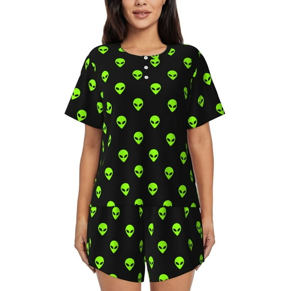 Pofeuu Green Monster Print Women's Pajama Set Short/Shorts Soft Button PJs Elastic Drawstring Waist Sleepwear-Medium