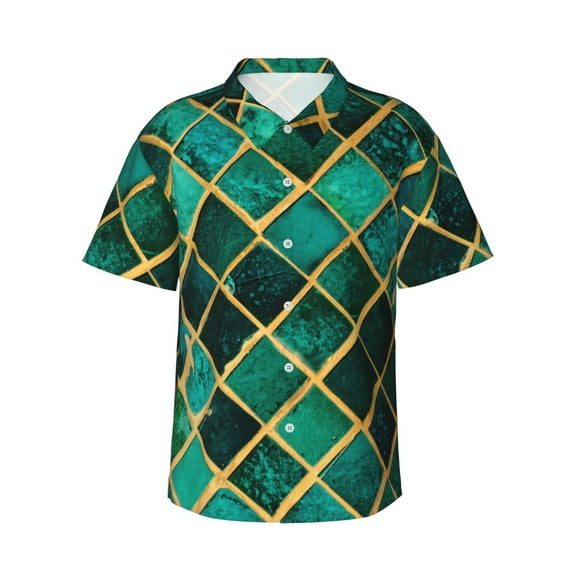 Pofeuu Green Mosaic Glass Print Hawaiian Shirt for Men Sleeves Casual Button Down Summer Beach Dress Shirts T-Shirts,Large