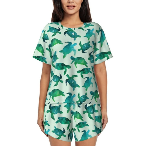 Pofeuu Green Sea Turtle Print Women's Pajama Set Short/Shorts Soft Button PJs Elastic Drawstring Waist Sleepwear-X-Large