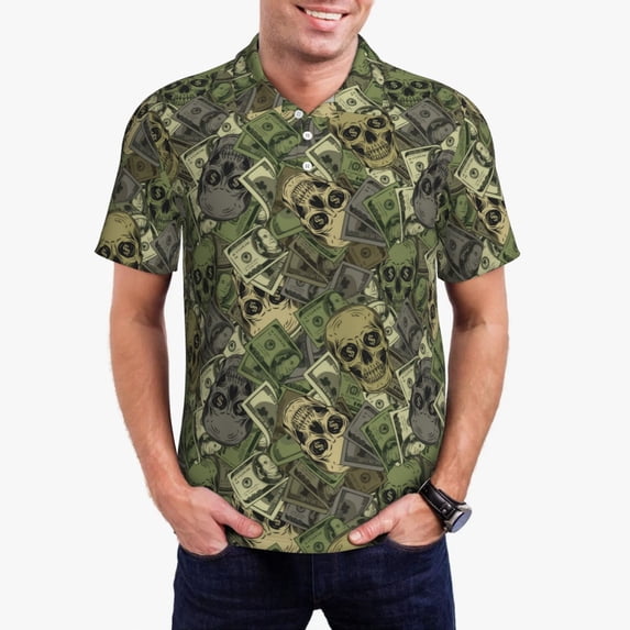 Pofeuu Green Skulls Print Men's Loose Fit Midweight Short-Sleeve Pocket Polo-Large