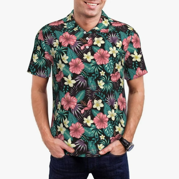 Pofeuu Green Tropical Leaves Print Men's Loose Fit Midweight Short-Sleeve Pocket Polo-XX-Large