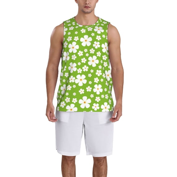 Pofeuu Green White Flowers Print Basketball Jersey, Shirts for Men Youth Basketball Jersey Crew Neck-3X-Large