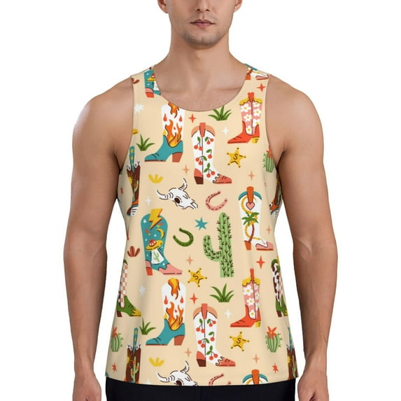 Pofeuu Groovy American Western Footwear Print Men's Workout Tank Tops Sleeveless Muscle Gym Shirt Quick Dry-Medium
