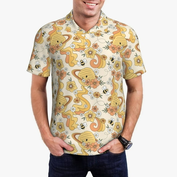 Pofeuu Groovy Floral Print Men's Loose Fit Midweight Short-Sleeve Pocket Polo-X-Large
