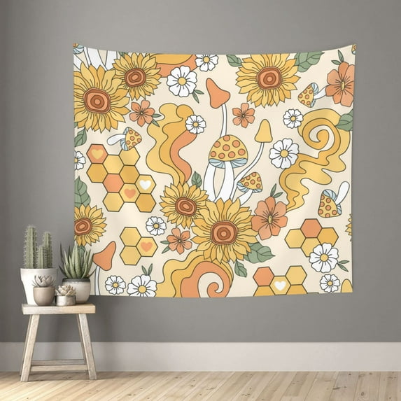 Pofeuu Groovy Hippie Flower Mushrooms Print Wall Tapestry Decoration Wall Hanging Tapestry 60 x 51 Inch