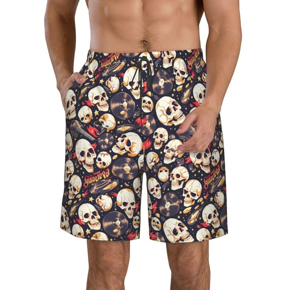 Pofeuu Guitar Skull record Prin Men's Swim Trunks Quick Dry Bathing Suit Swimming Board Shorts Mesh Lining Beach Swimwear-3X-Large
