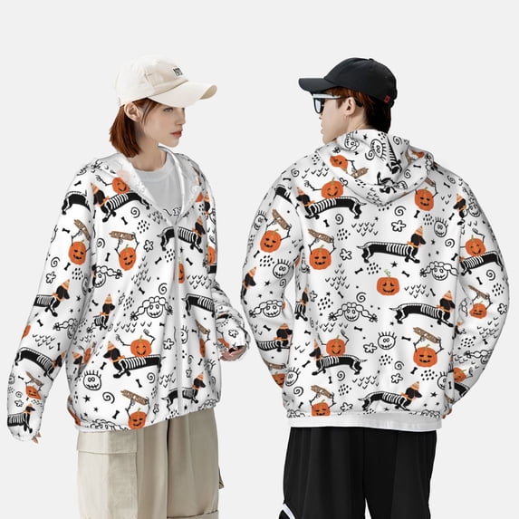 Pofeuu Halloween Dachshund Print Sun Protection Outdoor Lightweight Full Zip UV Cooling Hoodie Long Sleeve Summer Clothing for Outdoor Hiking-XX-Large