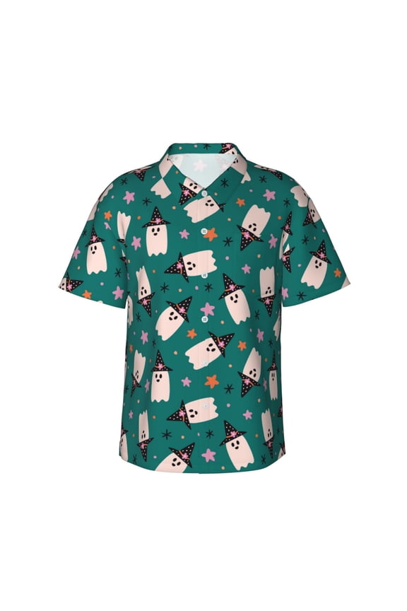 Halloween Ghosts Print Hawaiian Shirt for Men Sleeves Casual Button Down Summer Beach Dress Shirts T-Shirts,Large