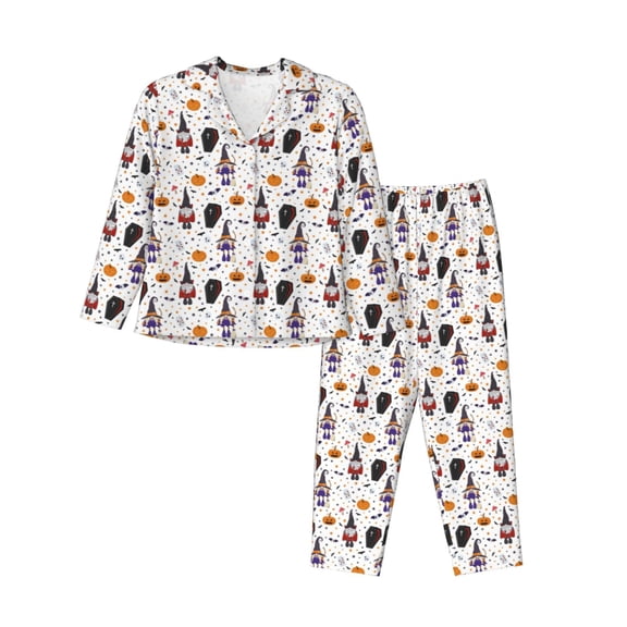 Pofeuu Halloween Gnome Print Womens Pajamas Set Long Sleeve Sleepwear Button Down Nightwear Soft Pj Lounge Sets Button Down Pajamas Women-Medium