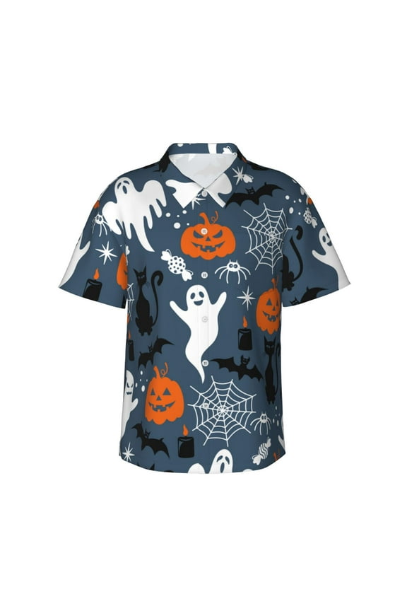 Halloween Print Hawaiian Shirt for Men Sleeves Casual Button Down Summer Beach Dress Shirts T-Shirts,Large